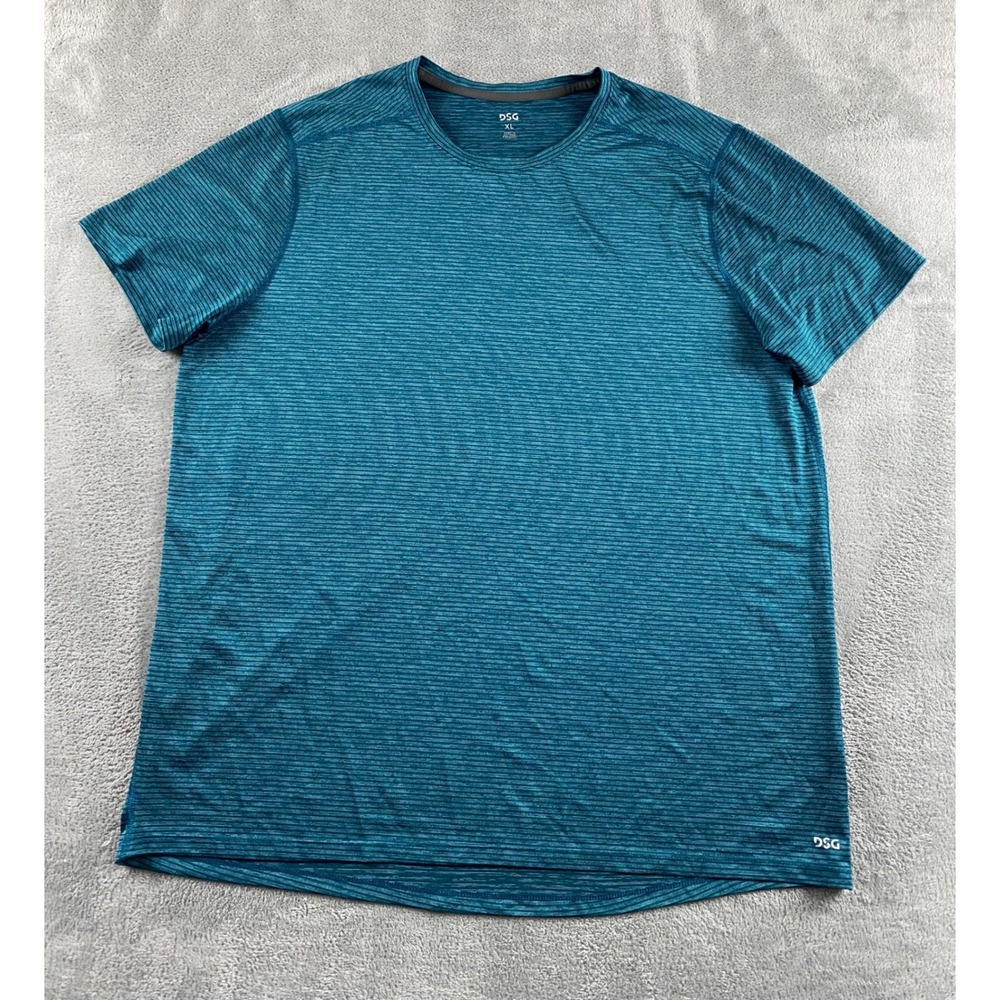 DSG Mens XL Teal Blue Striped Short Sleeve Athletic Performance T-Shirt